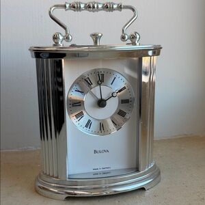 Bulova Silver Table Clock with Roman Numerals, excellent  quality and condition.